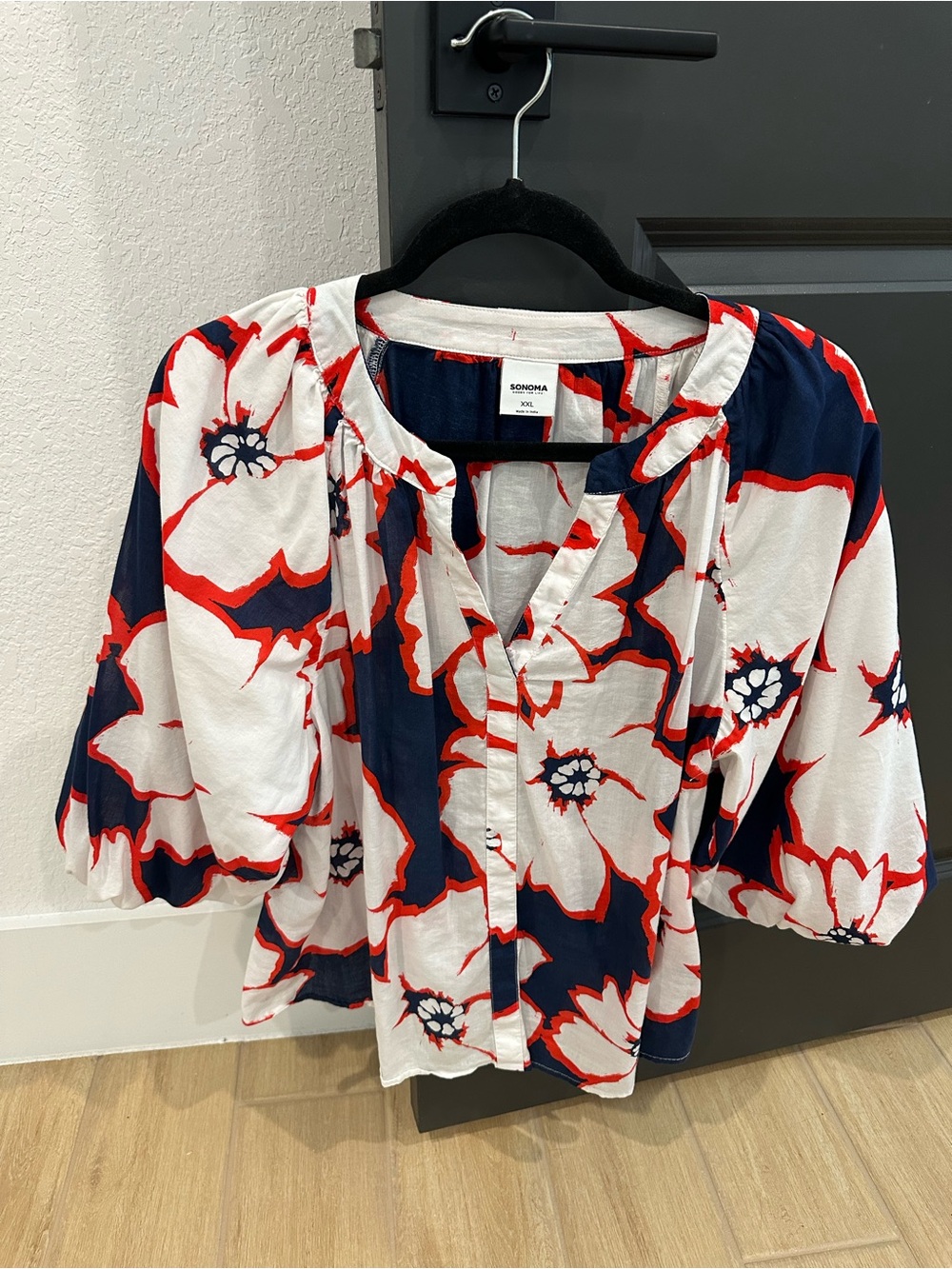 Sonoma Navy Red White Floral Split-Neck Blouse